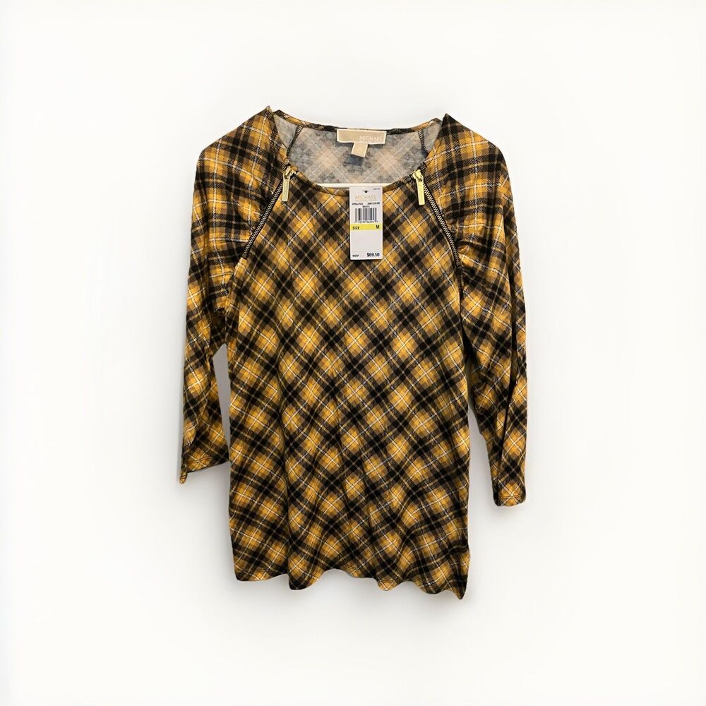Michael Michael Kors Top Jasmine yellow plaid, size medium, 3/4 sleeves, zippers